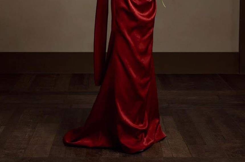 Strapless Floral Jacquard Ruched Maxi Sheath Evening Gown