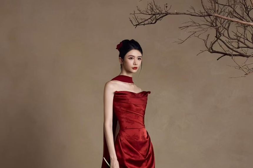 Strapless Floral Jacquard Ruched Maxi Sheath Evening Gown