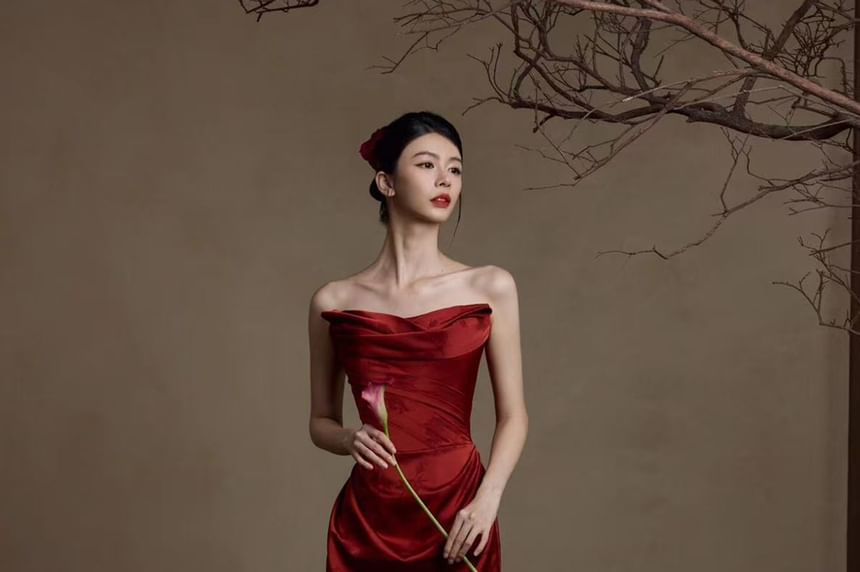 Strapless Floral Jacquard Ruched Maxi Sheath Evening Gown