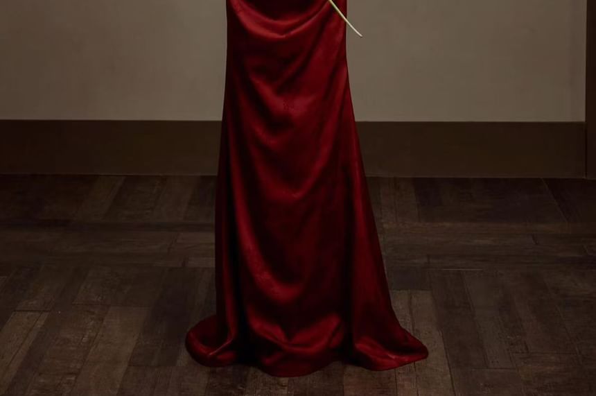 Strapless Floral Jacquard Ruched Maxi Sheath Evening Gown
