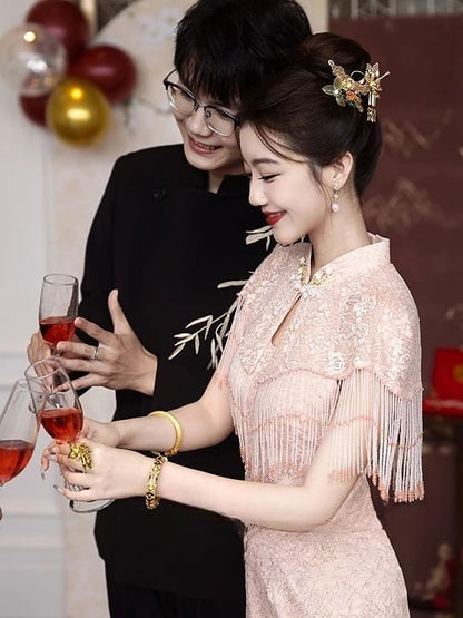 Sleeveless Floral Midi Qipao Evening Dress / Bead Fringed Cape / Set