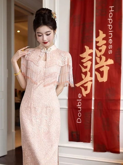 Sleeveless Floral Midi Qipao Evening Dress / Bead Fringed Cape / Set