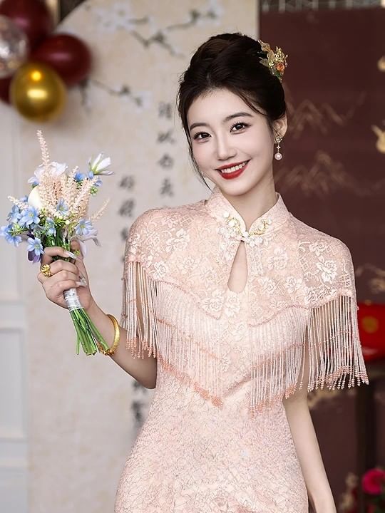 Sleeveless Floral Midi Qipao Evening Dress / Bead Fringed Cape / Set