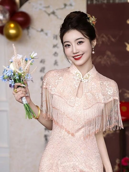 Sleeveless Floral Midi Qipao Evening Dress / Bead Fringed Cape / Set