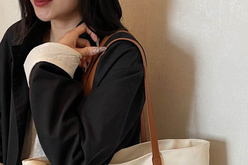 Lettering Tote Bag Striped Embroidered Canvas