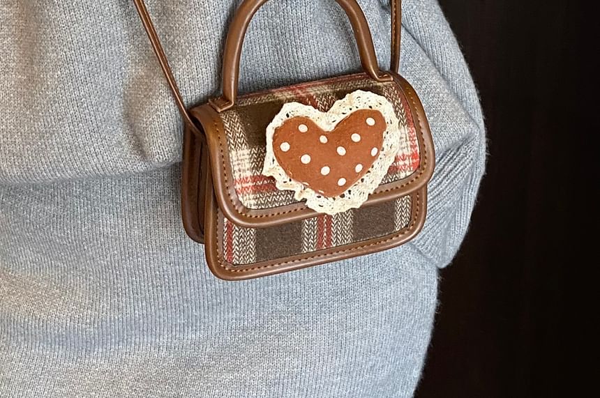 Applique Bag Crossbody Top Heart Plaid Flap Handle
