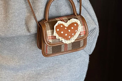 Applique Bag Crossbody Top Heart Plaid Flap Handle