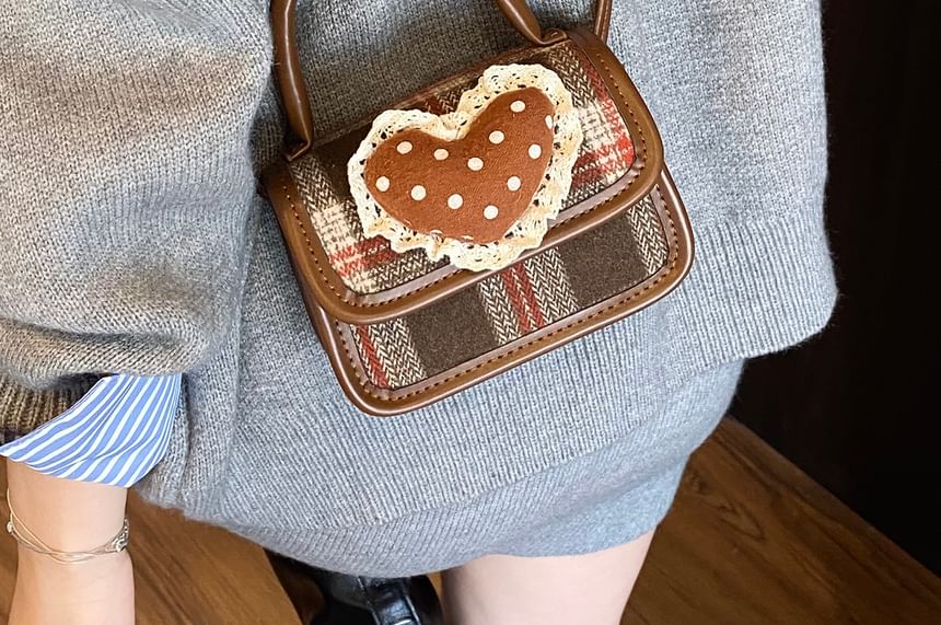 Applique Bag Crossbody Top Heart Plaid Flap Handle