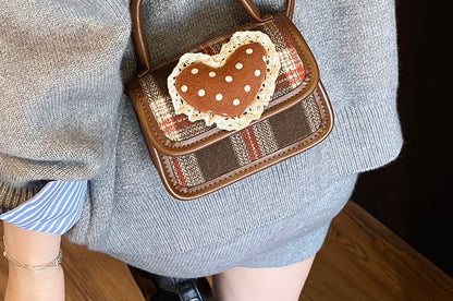 Applique Bag Crossbody Top Heart Plaid Flap Handle