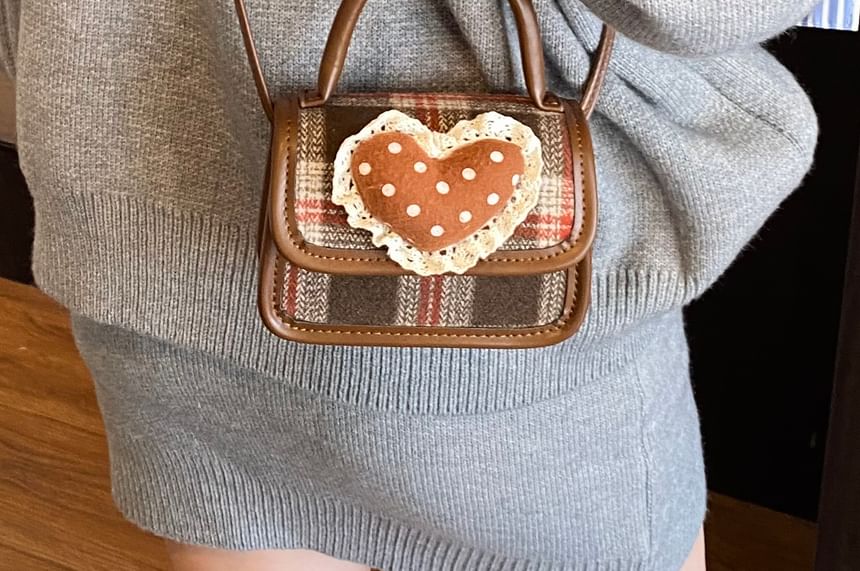 Applique Bag Crossbody Top Heart Plaid Flap Handle