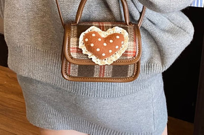 Applique Bag Crossbody Top Heart Plaid Flap Handle