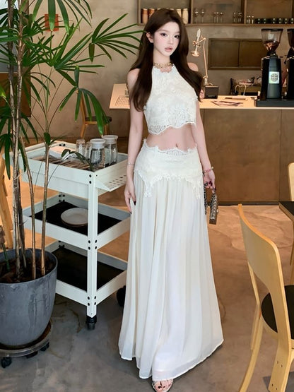 Crewneck Lace Crop Tank & Maxi A-Line Skirt