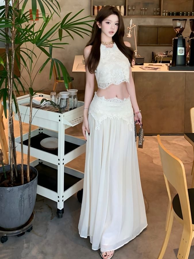 Crewneck Lace Crop Tank Top Mid Rise Maxi A-Line Skirt