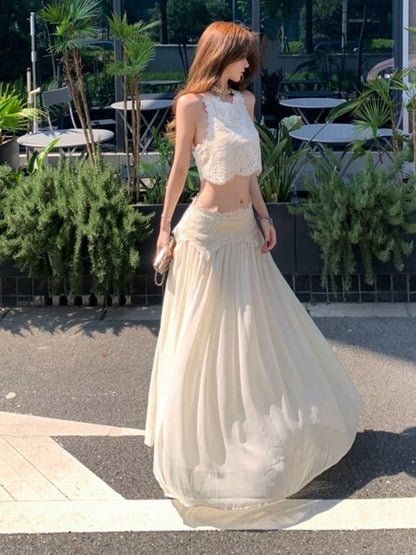 Crewneck Lace Crop Tank & Maxi A-Line Skirt