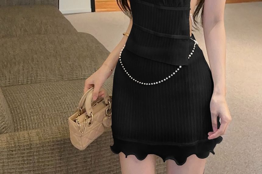 Halter Pearl Trim Tank & Mini Pencil Skirt Set