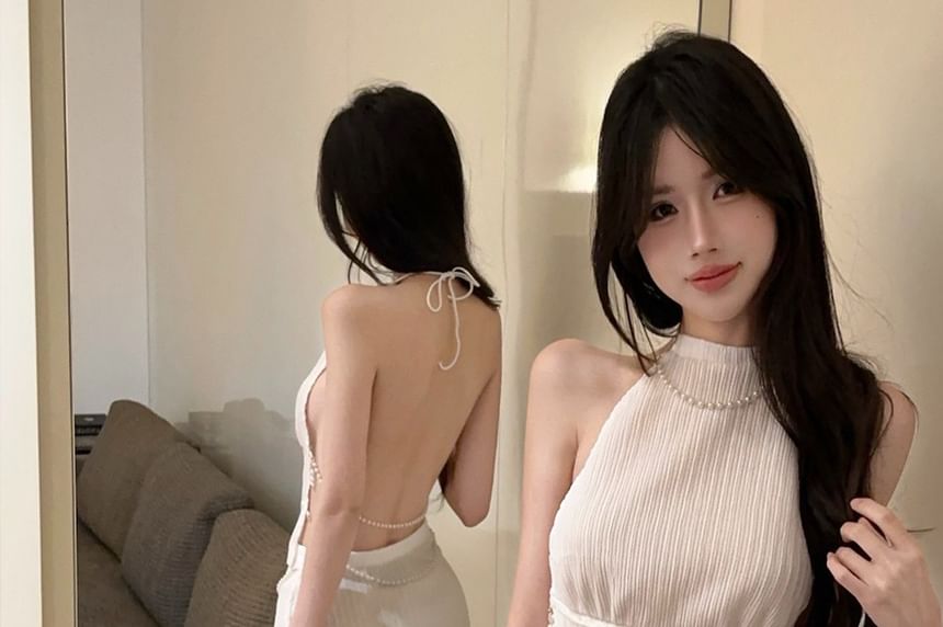 Halter Pearl Trim Tank & Mini Pencil Skirt Set