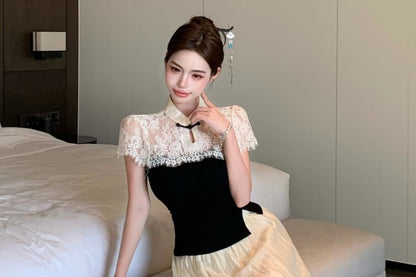 Short Sleeve Mandarin Collar Two Tone Lace Panel Slim Fit T-Shirt High Waist Maxi A-Line Skirt