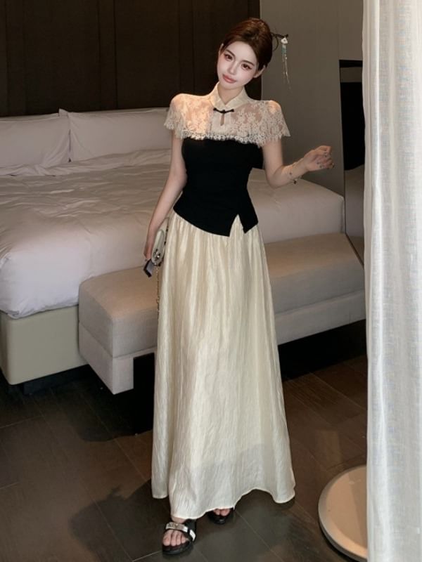 Short Sleeve Mandarin Collar Two Tone Lace Panel Slim Fit T-Shirt High Waist Maxi A-Line Skirt