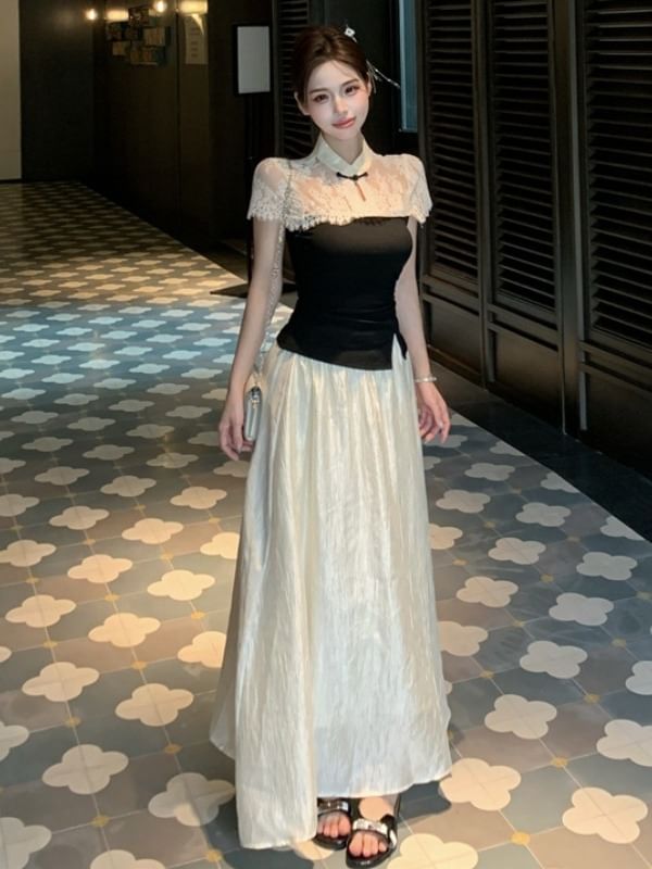 Mandarin Collar Two Tone Lace Top & Maxi Skirt