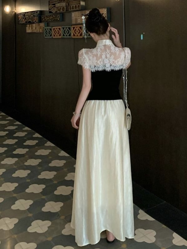 Short Sleeve Mandarin Collar Two Tone Lace Panel Slim Fit T-Shirt High Waist Maxi A-Line Skirt