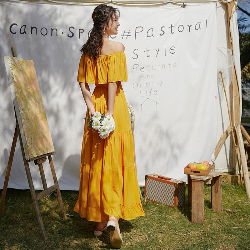 Maxi Dress Plain Flared-Sleeve A-Line Off-Shoulder