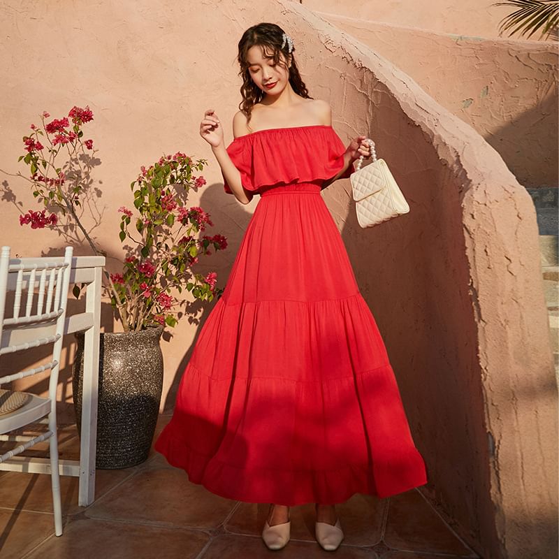 Maxi Dress Plain Flared-Sleeve A-Line Off-Shoulder