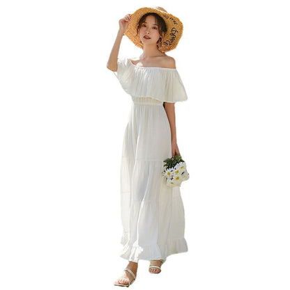 Maxi Dress Plain Flared-Sleeve A-Line Off-Shoulder
