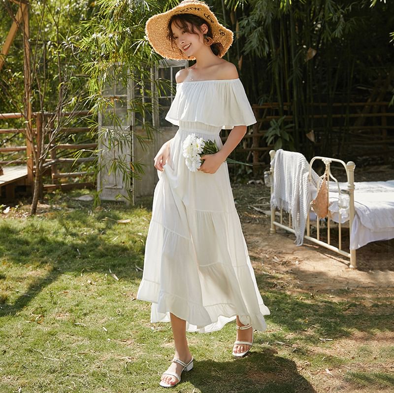 Maxi Dress Plain Flared-Sleeve A-Line Off-Shoulder