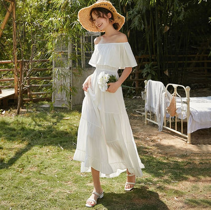 Maxi Dress Plain Flared-Sleeve A-Line Off-Shoulder