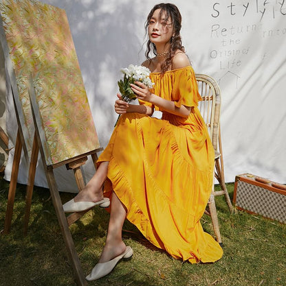 Maxi Dress Plain Flared-Sleeve A-Line Off-Shoulder