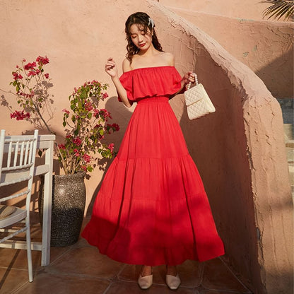 Maxi Dress Plain Flared-Sleeve A-Line Off-Shoulder