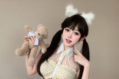 Halter Collar Dotted Crop Top High Waist Mini A-Line Skirt Stockings Set