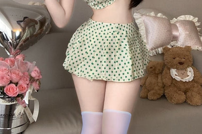 Halter Collar Dotted Crop Top High Waist Mini A-Line Skirt Stockings Set