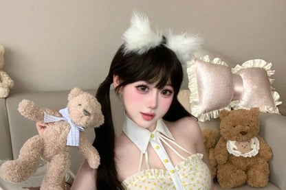 Halter Collar Dotted Crop Top High Waist Mini A-Line Skirt Stockings Set