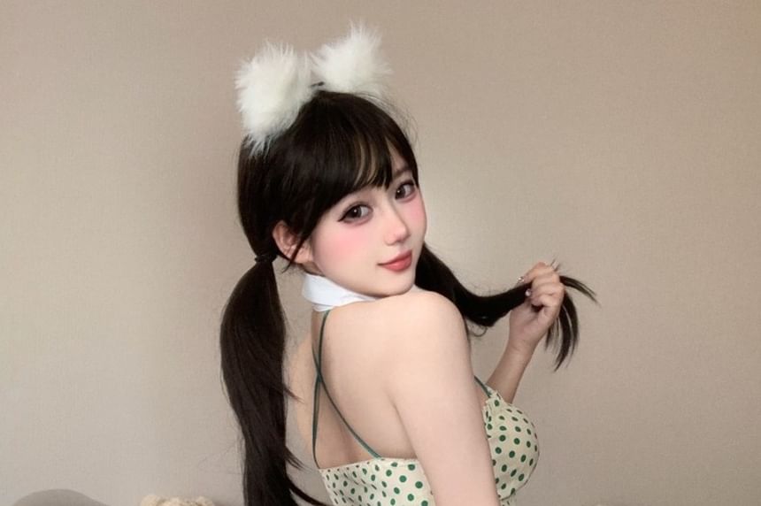 Halter Collar Dotted Crop Top High Waist Mini A-Line Skirt Stockings Set