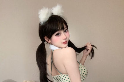 Halter Collar Dotted Crop Top High Waist Mini A-Line Skirt Stockings Set