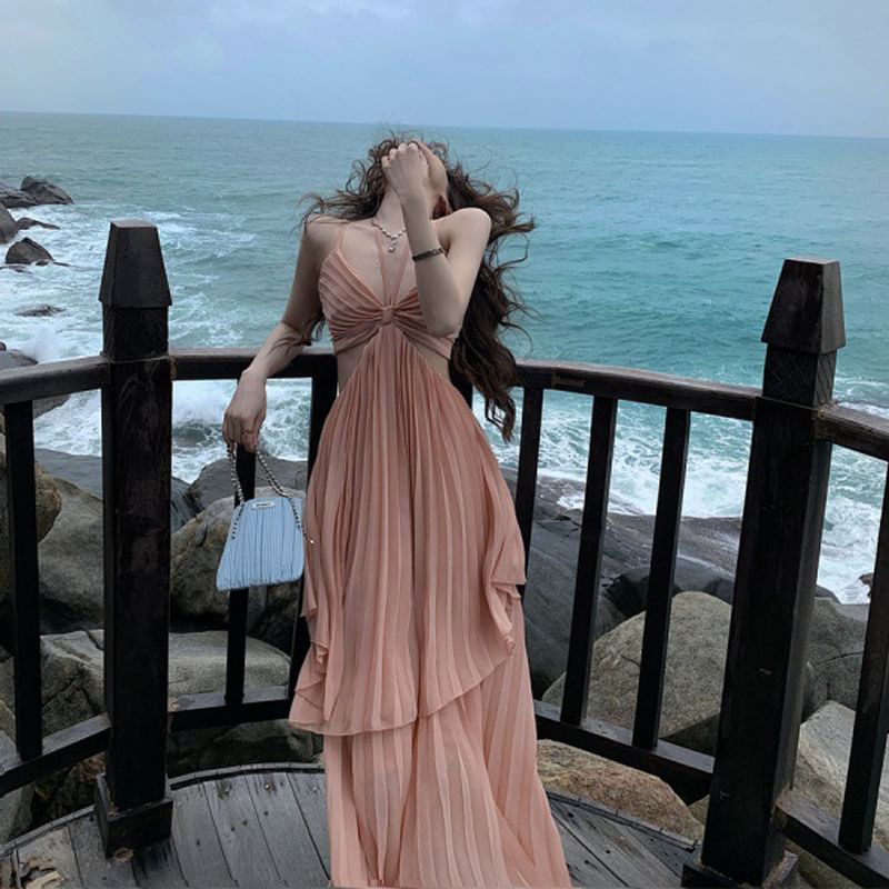 Spaghetti Strap Plain Cutout Asymmetrical Maxi Sundress
