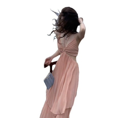 Spaghetti Strap Plain Cutout Asymmetrical Maxi Sundress