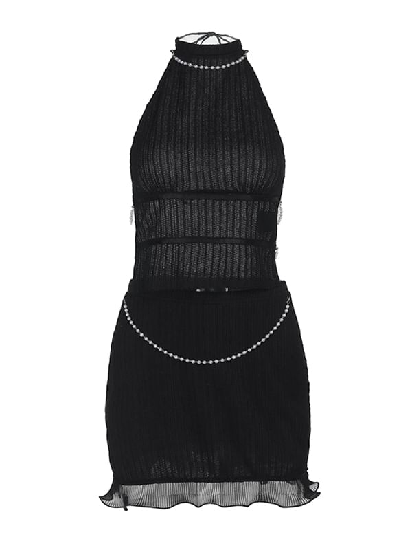 Halter Plain Faux Pearl Slim Fit Tank Top High Rise Mini Pencil Skirt Set