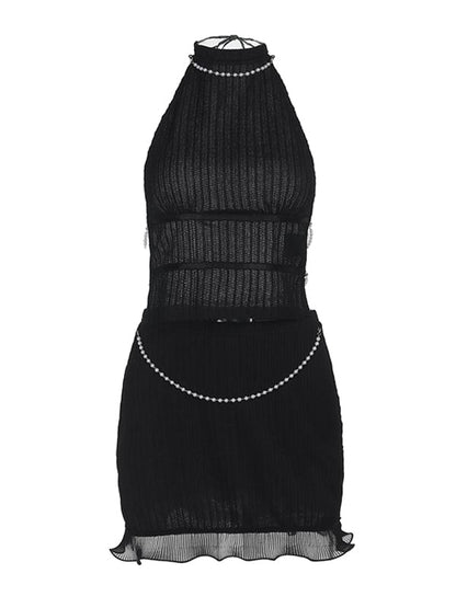 Halter Plain Faux Pearl Slim Fit Tank Top High Rise Mini Pencil Skirt Set