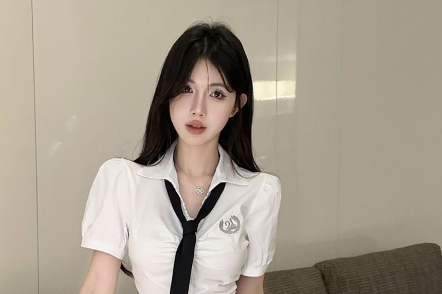 Short Sleeve Logo Ruched Slim Fit Shirt Necktie High Waist Pleated Mini A-Line Skirt Set