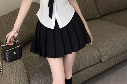 Short Sleeve Logo Ruched Slim Fit Shirt Necktie High Waist Pleated Mini A-Line Skirt Set