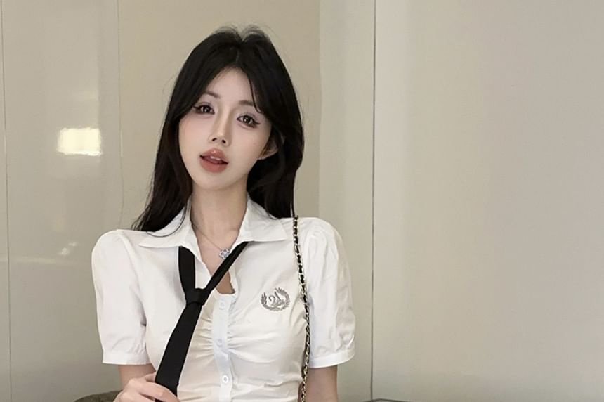 Short Sleeve Logo Ruched Slim Fit Shirt Necktie High Waist Pleated Mini A-Line Skirt Set