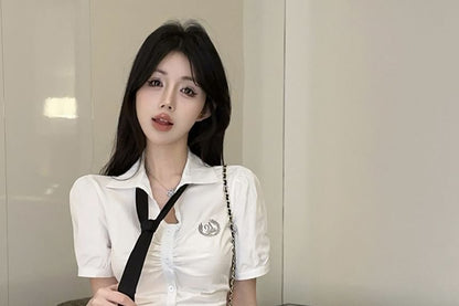 Short Sleeve Logo Ruched Slim Fit Shirt Necktie High Waist Pleated Mini A-Line Skirt Set