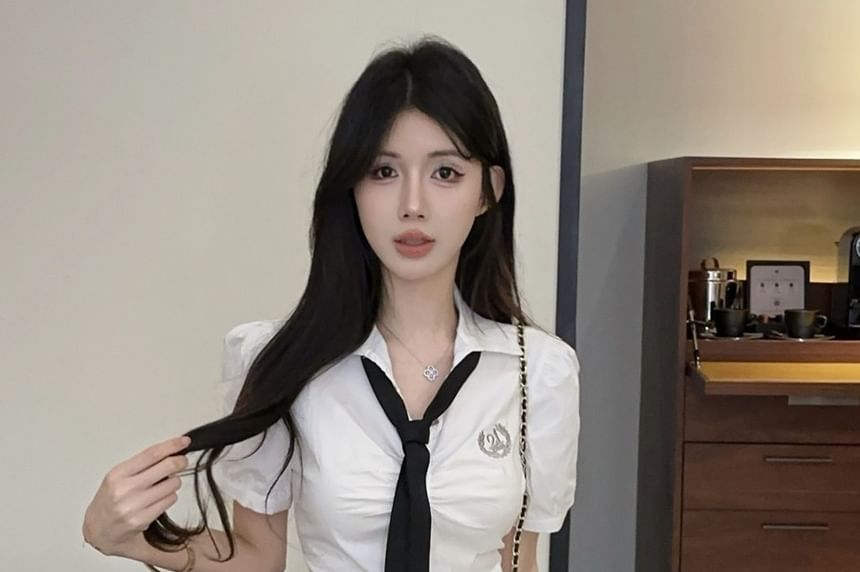 Short Sleeve Logo Ruched Slim Fit Shirt Necktie High Waist Pleated Mini A-Line Skirt Set