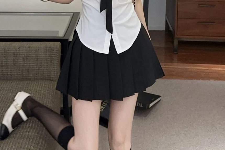 Short Sleeve Logo Ruched Slim Fit Shirt Necktie High Waist Pleated Mini A-Line Skirt Set