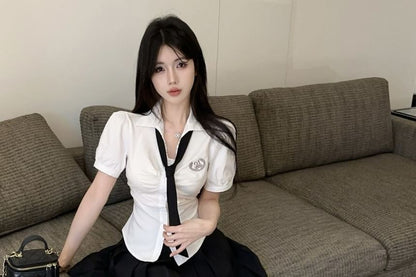 Short Sleeve Logo Ruched Slim Fit Shirt Necktie High Waist Pleated Mini A-Line Skirt Set