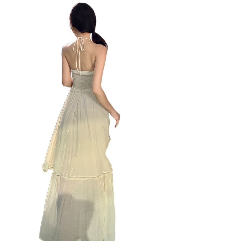 Plain Lettuce Edge Front Slit Asymmetrical Halter Top High Rise Maxi A-Line Skirt Set