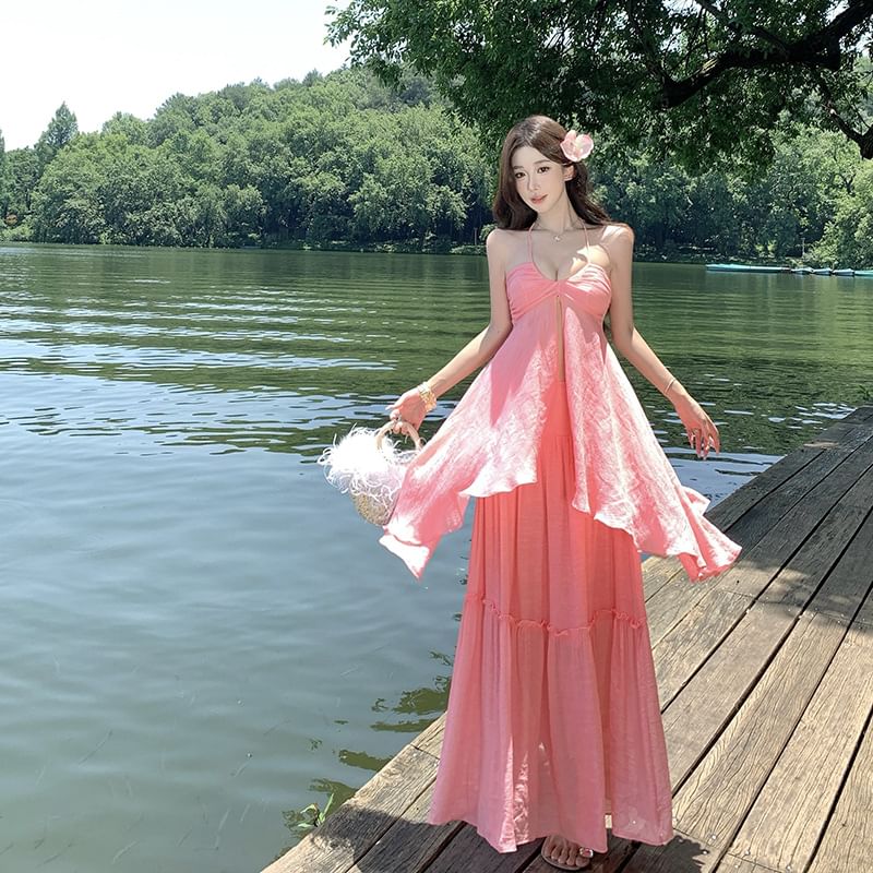 Plain Lettuce Edge Front Slit Asymmetrical Halter Top High Rise Maxi A-Line Skirt Set
