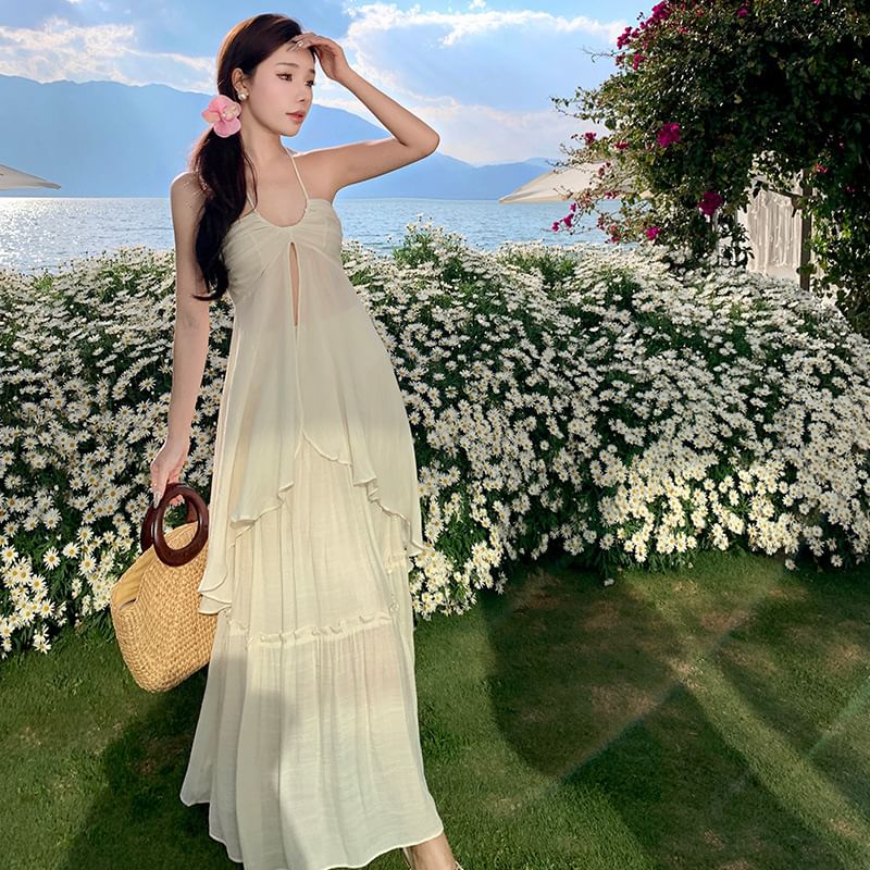 Plain Lettuce Edge Front Slit Asymmetrical Halter Top High Rise Maxi A-Line Skirt Set